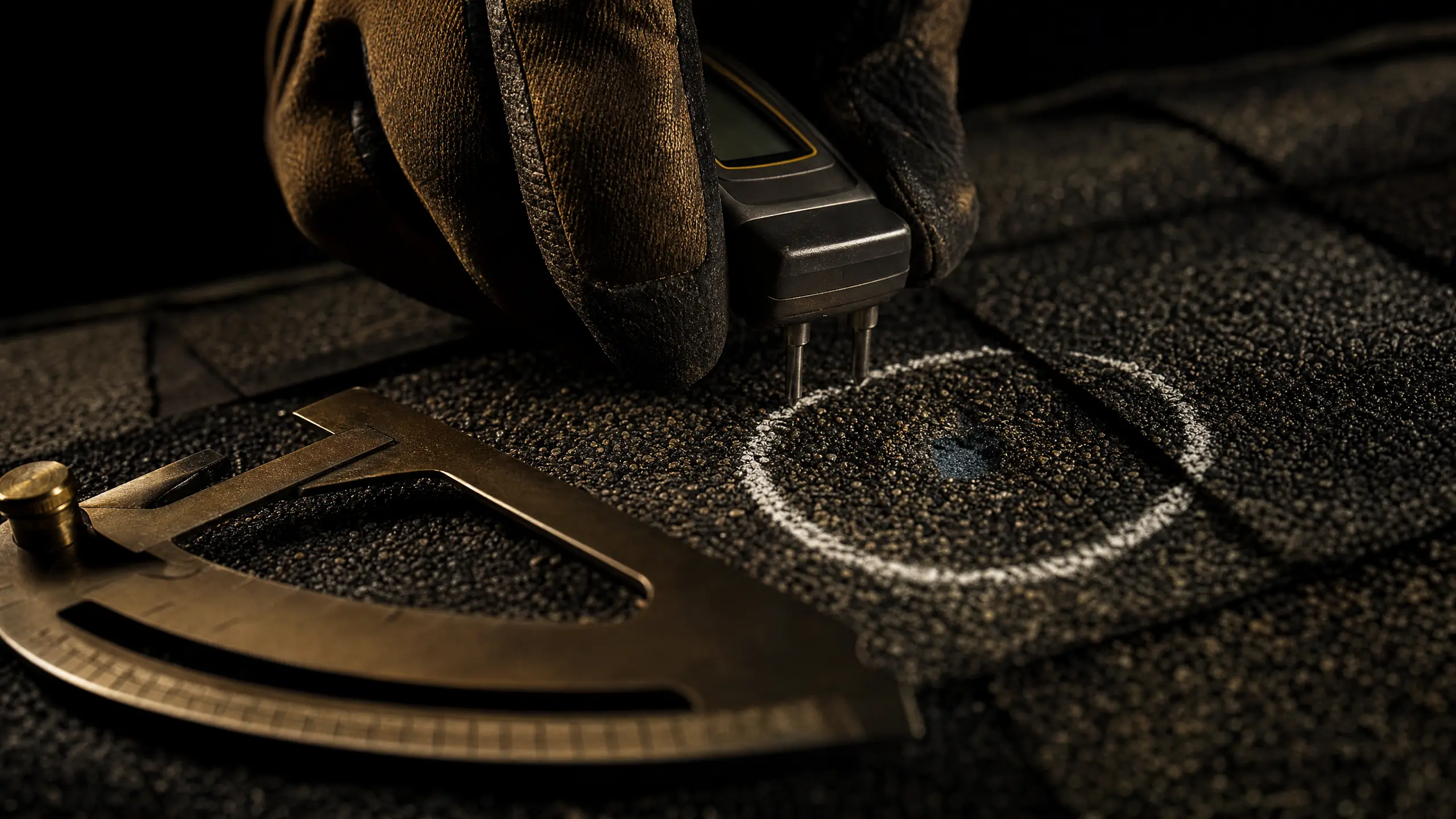 Forensic moisture meter and pitch gauge on a shingle roof