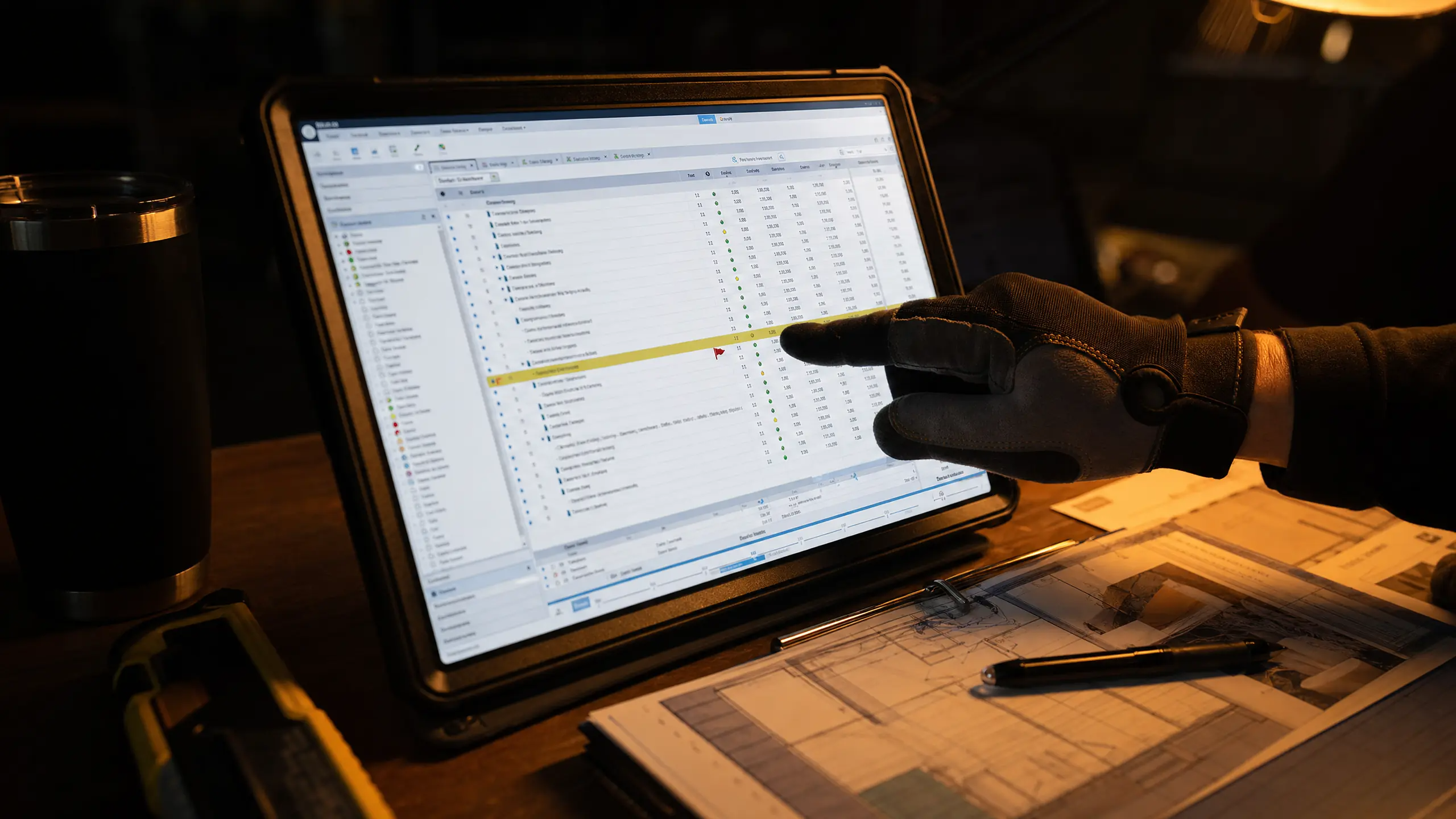 Insurance adjuster reviewing Xactimate damage estimate at a desk