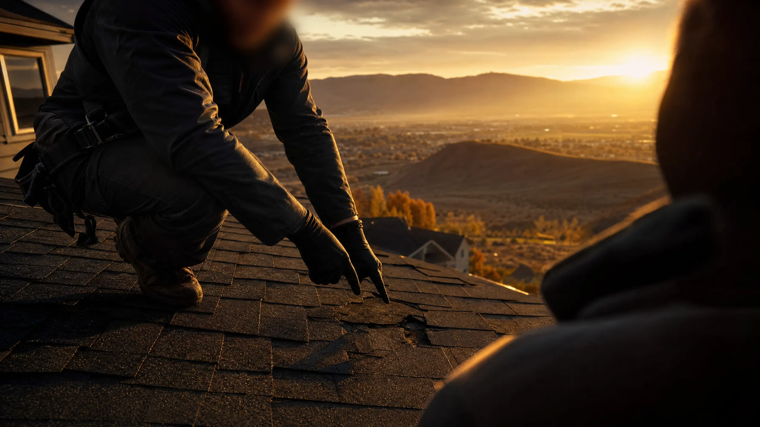 Roofer pointing out a localized repair area on an otherwise sound roof