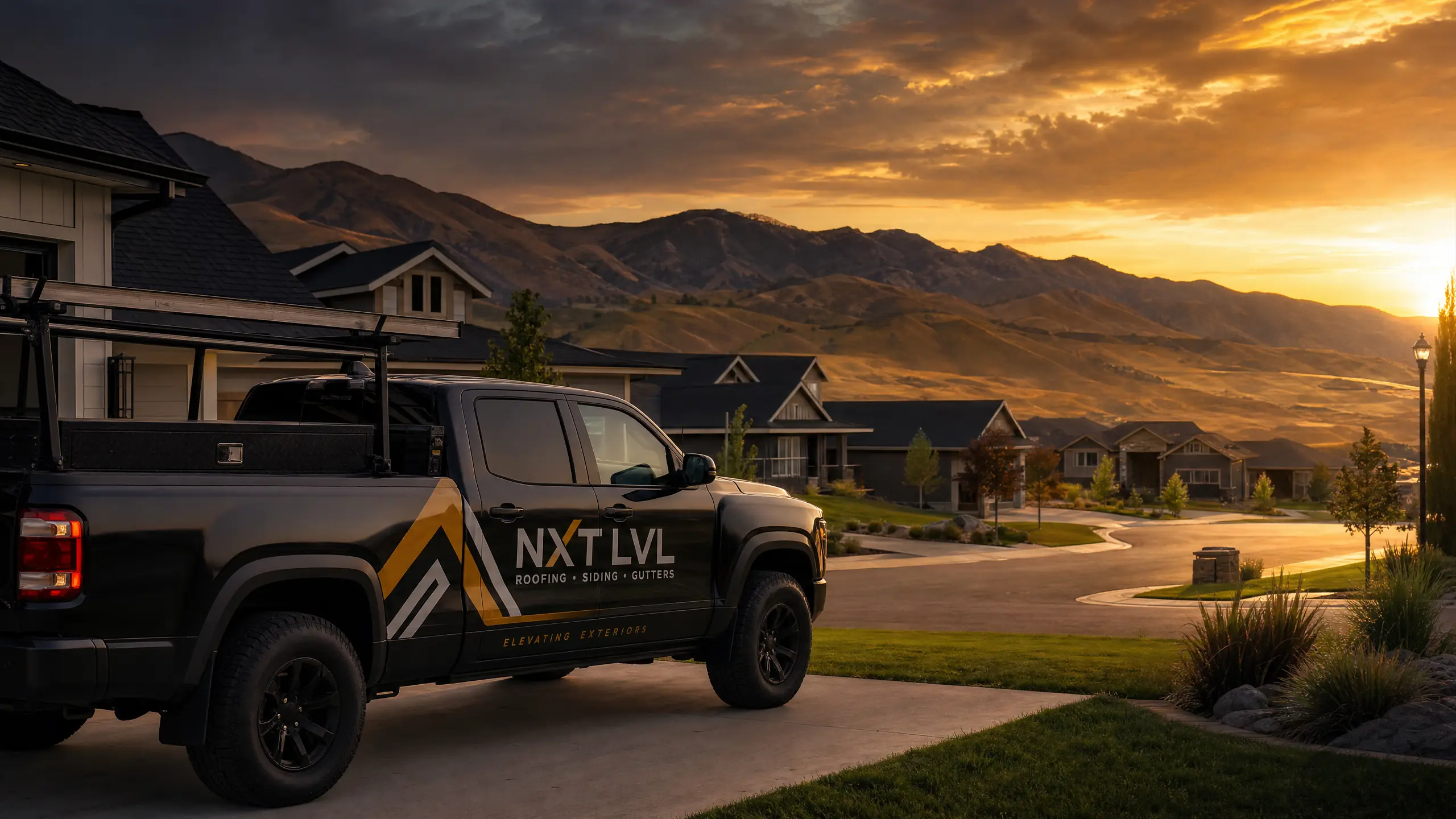 NXT LVL Roofing crew truck parked at a Meridian Idaho jobsite