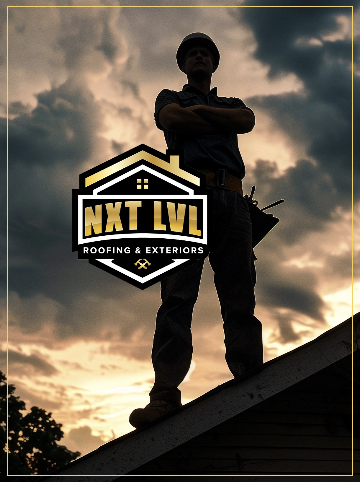 NXT LVL Roofing & Exteriors brand image, silhouetted figure on roof with company logo at sunrise